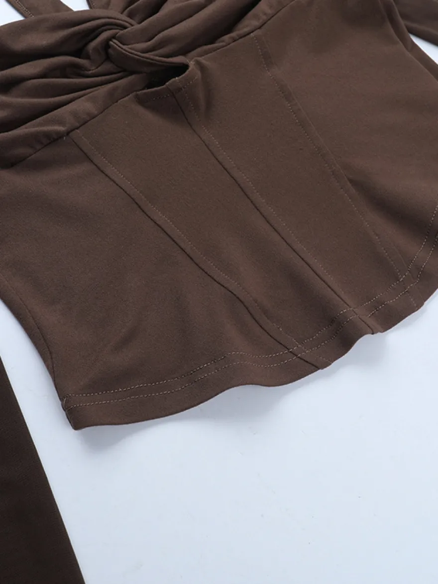 Haut corset dos nu pour femme - Chemisier à manches longues en patchwork de maille marron - Tenue de soirée printanière 2026