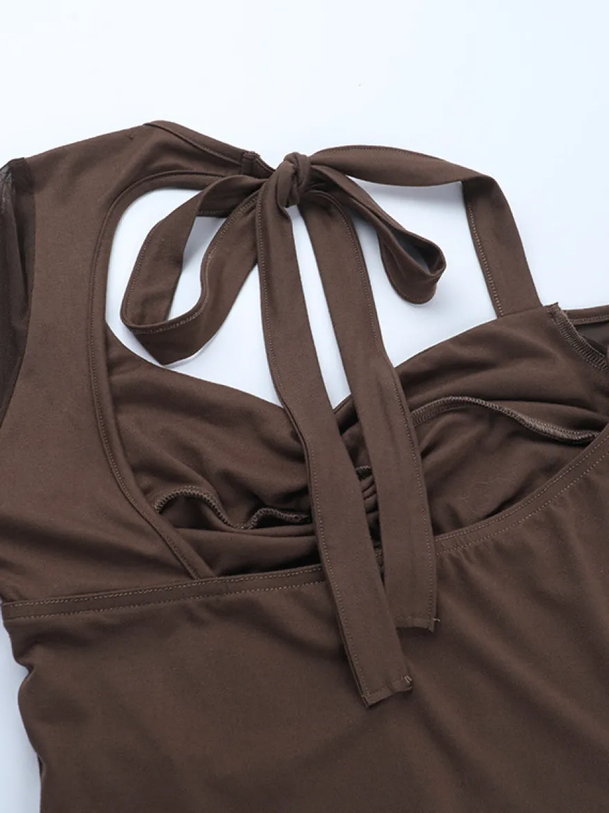 Haut corset dos nu pour femme - Chemisier à manches longues en patchwork de maille marron - Tenue de soirée printanière 2026