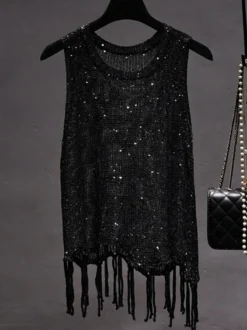 Haut de soirée unique à col rond et sequins sans manches
