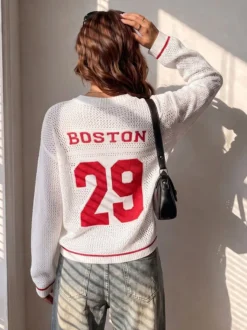 Haut en maille ajourée à imprimé chiffres Boston Letter Star à manches longues