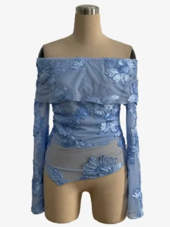 Haut à épaules dénudées en maille et manches longues avec broderie florale 3D pour femme 2026