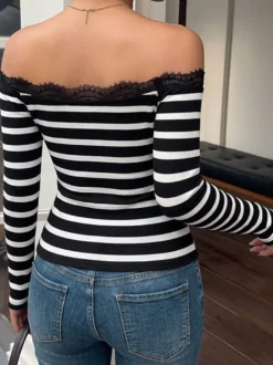 Haut rayé en maille épaules dénudées pour femme manches longues coupe ajustée bordure en dentelle chemise décontractée