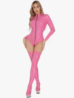 Hauts de clubwear tendance à col montant fermeture éclair manches longues cuir PU