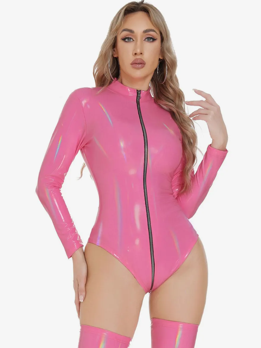 Hauts de clubwear tendance à col montant fermeture éclair manches longues cuir PU