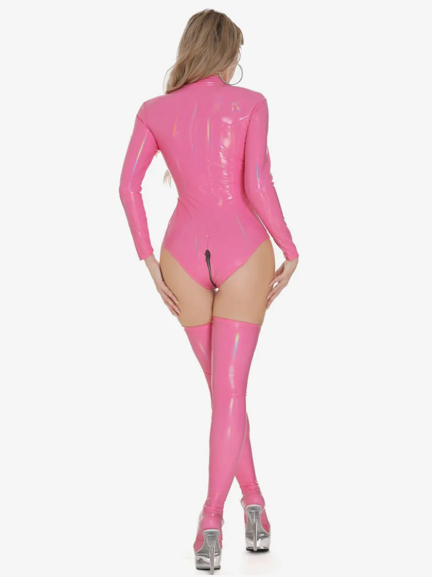 Hauts de clubwear tendance à col montant fermeture éclair manches longues cuir PU