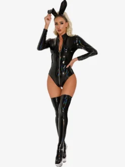 Hauts de clubwear tendance à col montant fermeture éclair manches longues cuir PU