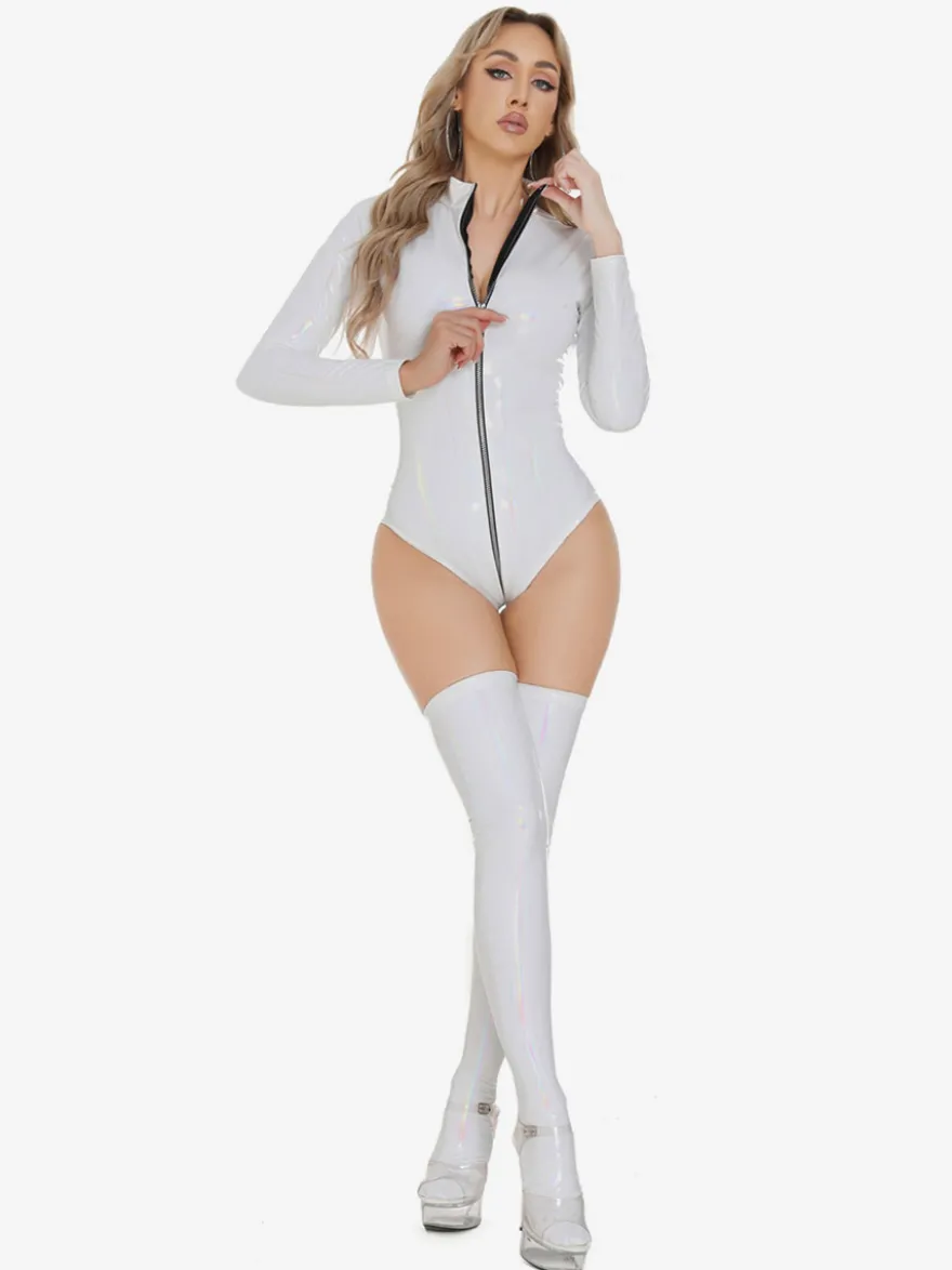 Hauts de clubwear tendance à col montant fermeture éclair manches longues cuir PU