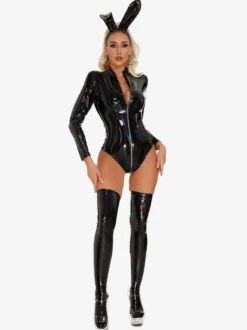 Hauts de clubwear tendance à col montant fermeture éclair manches longues cuir PU