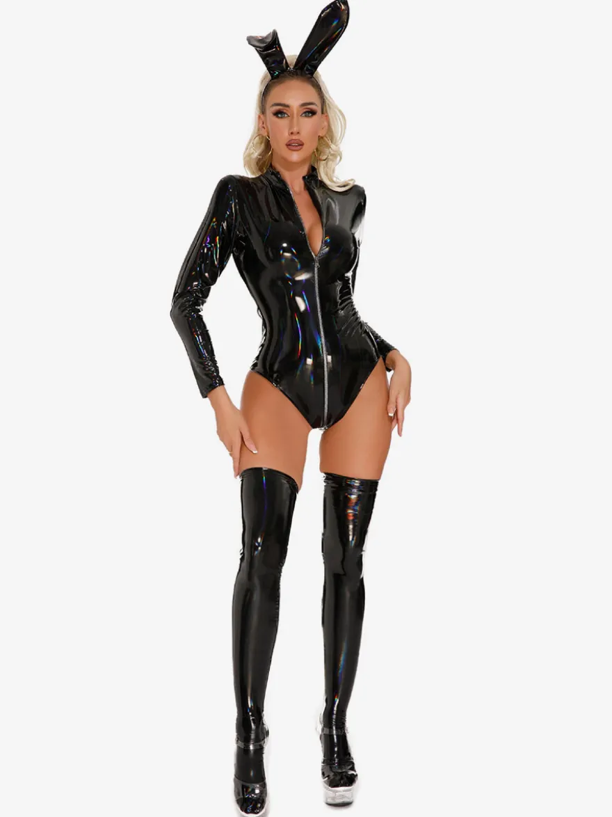 Hauts de clubwear tendance à col montant fermeture éclair manches longues cuir PU