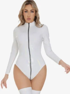Hauts de clubwear tendance à col montant fermeture éclair manches longues cuir PU