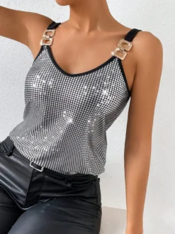 Hauts de soirée élégants à bretelles et sequins au col sans manches