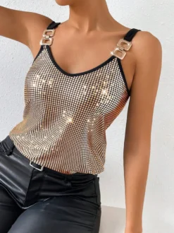 Hauts de soirée élégants à bretelles et sequins au col sans manches