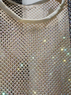 Hauts de soirée sexy à col rond orné de strass manches longues en polyester