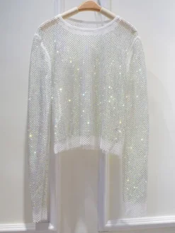 Hauts de soirée sexy à col rond orné de strass manches longues en polyester