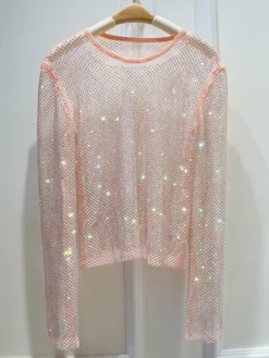 Hauts de soirée sexy à col rond orné de strass manches longues en polyester