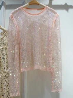 Hauts de soirée sexy à col rond orné de strass manches longues en polyester