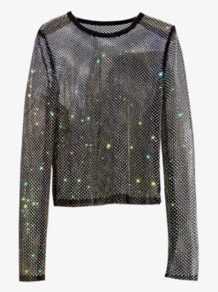 Hauts de soirée sexy à col rond orné de strass manches longues en polyester