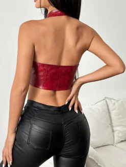 Hauts de soirée sexy à col V lacés sans manches en similicuir dos nu