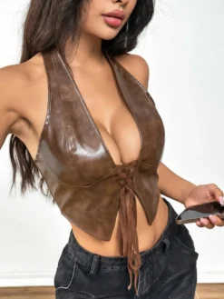 Hauts de soirée sexy à col V lacés sans manches en similicuir dos nu