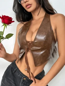 Hauts de soirée sexy à col V lacés sans manches en similicuir dos nu