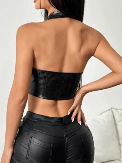 Hauts de soirée sexy à col V lacés sans manches en similicuir dos nu