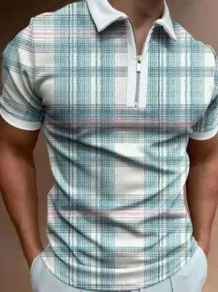 Homme Polo Shirt Collier à cordes courtes manches courtes Zipper Coupe régulière Ciel bleu claire