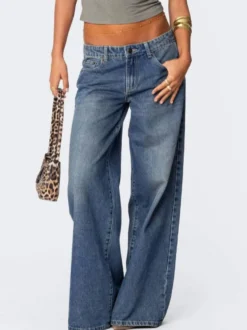 Jean baggy taille basse et jambes larges pour femme - Délavage moyen style vintage Y2K - Coupe ample - Streetwear décontracté été 2026