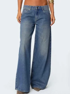 Jean baggy taille basse et jambes larges pour femme - Délavage moyen style vintage Y2K - Coupe ample - Streetwear décontracté été 2026