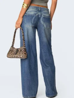 Jean baggy taille basse et jambes larges pour femme - Délavage moyen style vintage Y2K - Coupe ample - Streetwear décontracté été 2026