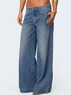 Jean baggy taille basse et jambes larges pour femme - Délavage moyen style vintage Y2K - Coupe ample - Streetwear décontracté été 2026