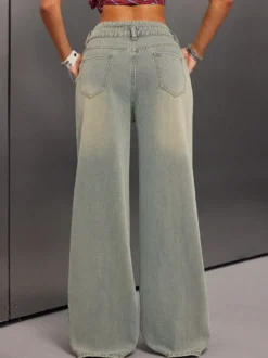 Jean baggy taille haute pour femme - Pantalon en denim délavé bleu clair effet usé jambes larges - Festival de musique de printemps 2026