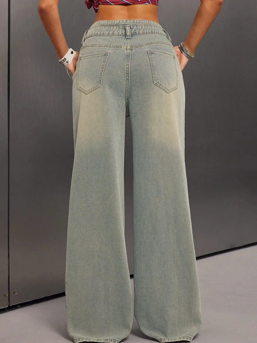 Jean baggy taille haute pour femme - Pantalon en denim délavé bleu clair effet usé jambes larges - Festival de musique de printemps 2026
