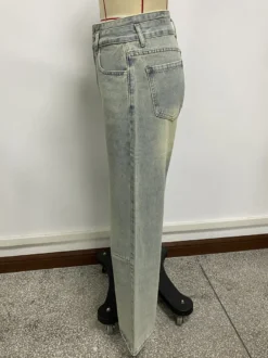 Jean baggy taille haute pour femme - Pantalon en denim délavé bleu clair effet usé jambes larges - Festival de musique de printemps 2026