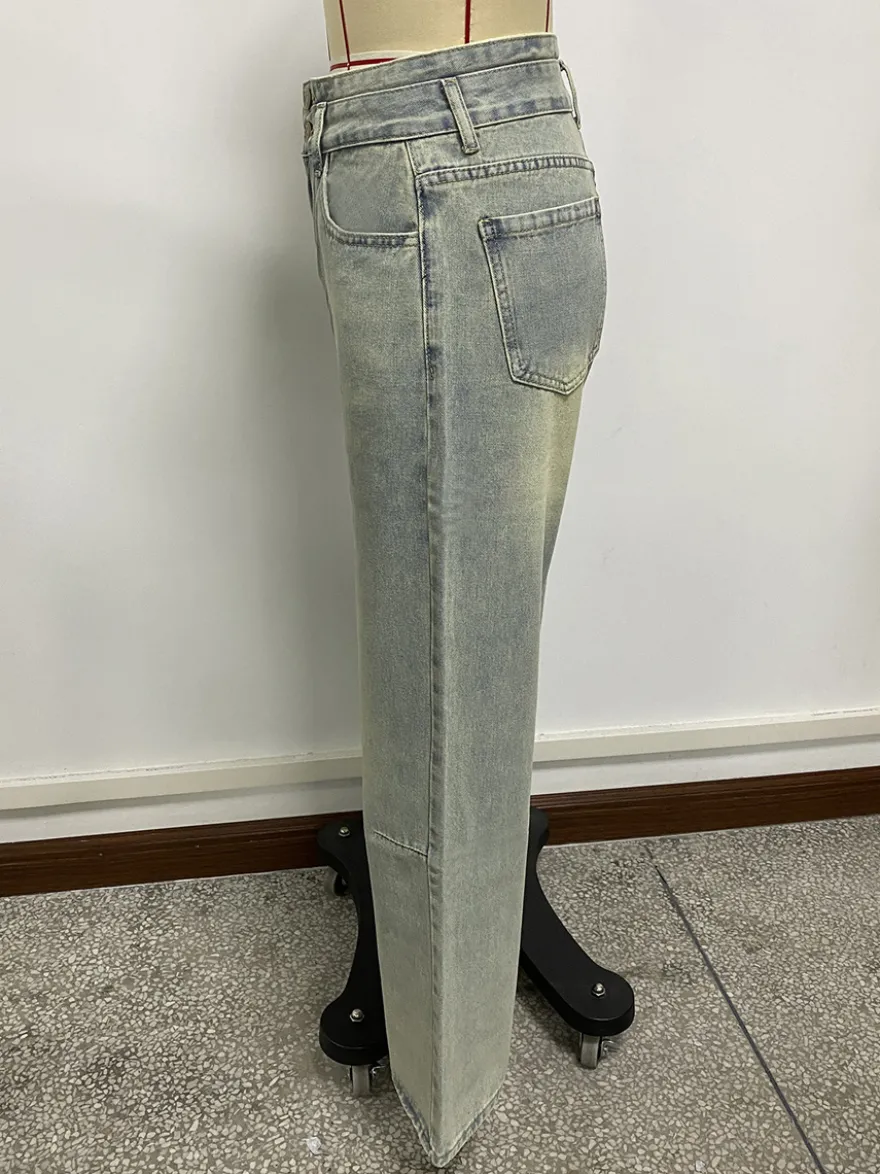 Jean baggy taille haute pour femme - Pantalon en denim délavé bleu clair effet usé jambes larges - Festival de musique de printemps 2026