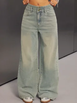 Jean baggy taille haute pour femme - Pantalon en denim délavé bleu clair effet usé jambes larges - Festival de musique de printemps 2026