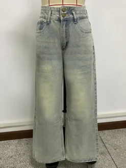Jean baggy taille haute pour femme - Pantalon en denim délavé bleu clair effet usé jambes larges - Festival de musique de printemps 2026