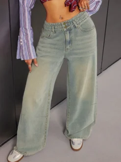Jean baggy taille haute pour femme - Pantalon en denim délavé bleu clair effet usé jambes larges - Festival de musique de printemps 2026