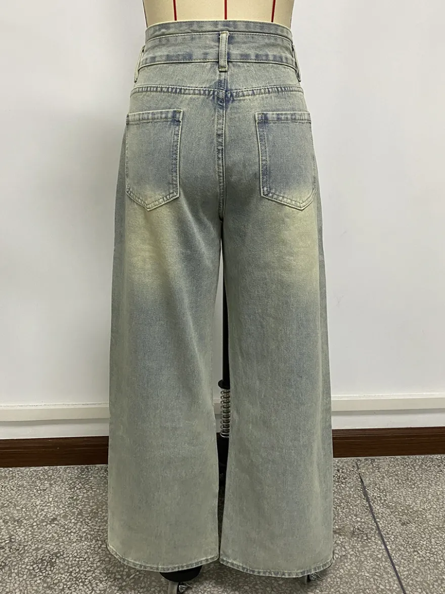 Jean baggy taille haute pour femme - Pantalon en denim délavé bleu clair effet usé jambes larges - Festival de musique de printemps 2026