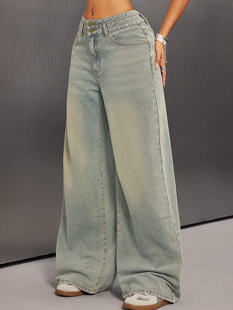 Jean baggy taille haute pour femme - Pantalon en denim délavé bleu clair effet usé jambes larges - Festival de musique de printemps 2026