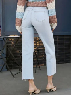 Jean bleu clair pour femme - Coupe droite décontractée à nouer à la taille - Ourlet brut - Idéal pour le printemps et les activités de plein air au quotidien 2026