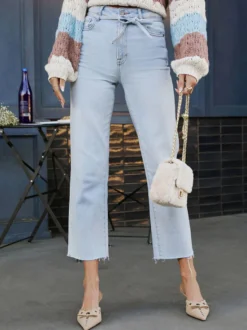 Jean bleu clair pour femme - Coupe droite décontractée à nouer à la taille - Ourlet brut - Idéal pour le printemps et les activités de plein air au quotidien 2026