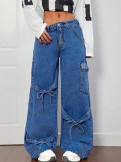 Jean cargo à jambes larges pour femme - Pantalon en denim délavé ample à bretelles et nœud papillon style rétro Y2K - Streetwear pour festivals de musique du printemps 2026
