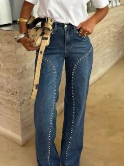 Jean droit clouté pour femme - Délavage moyen détail rivets rétro jambes larges - Mode printemps-été 2026