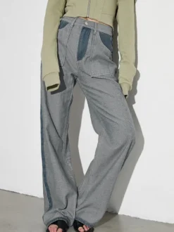 Jean femme élégant taille haute en denim bicolore