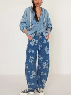 Jean fleuri à jambes larges pour femme - Pantalon en denim bohème à coupe en fer à cheval - Festival de musique de printemps 2026