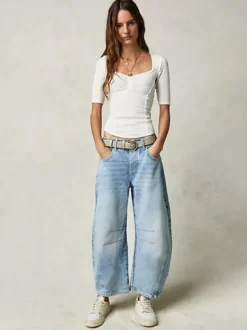 Jean Horseshoe Barrel pour femme - Pantalon en denim délavé ample à jambes larges et coutures incurvées - Streetwear printemps 2026