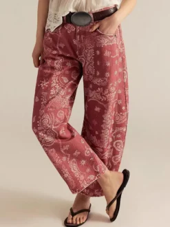 Jean à imprimé cachemire pour femme - Pantalon en denim rose bohème à jambes larges et coupe en fer à cheval - Festival de musique de printemps 2026