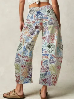 Jean à imprimé graffiti pour femme - Pantalon en denim large coupe en fer à cheval style bohème - Tenue de pique-nique printanière 2026