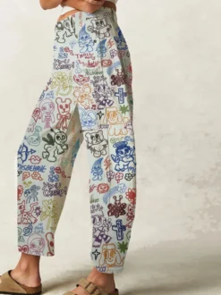 Jean à imprimé graffiti pour femme - Pantalon en denim large coupe en fer à cheval style bohème - Tenue de pique-nique printanière 2026