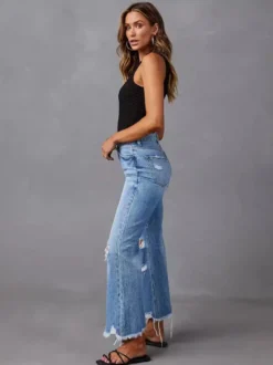 Jean large délavé pour femme - Pantalon en denim bleu clair taille haute ourlet brut coupe décontractée - Style streetwear décontracté printemps 2026